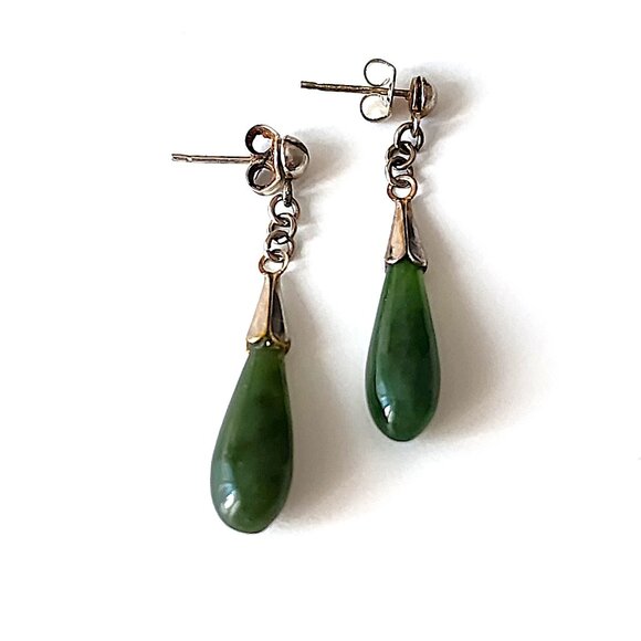 Vintage Nephrite jade 925 pierced earrings - Picture 1 of 6